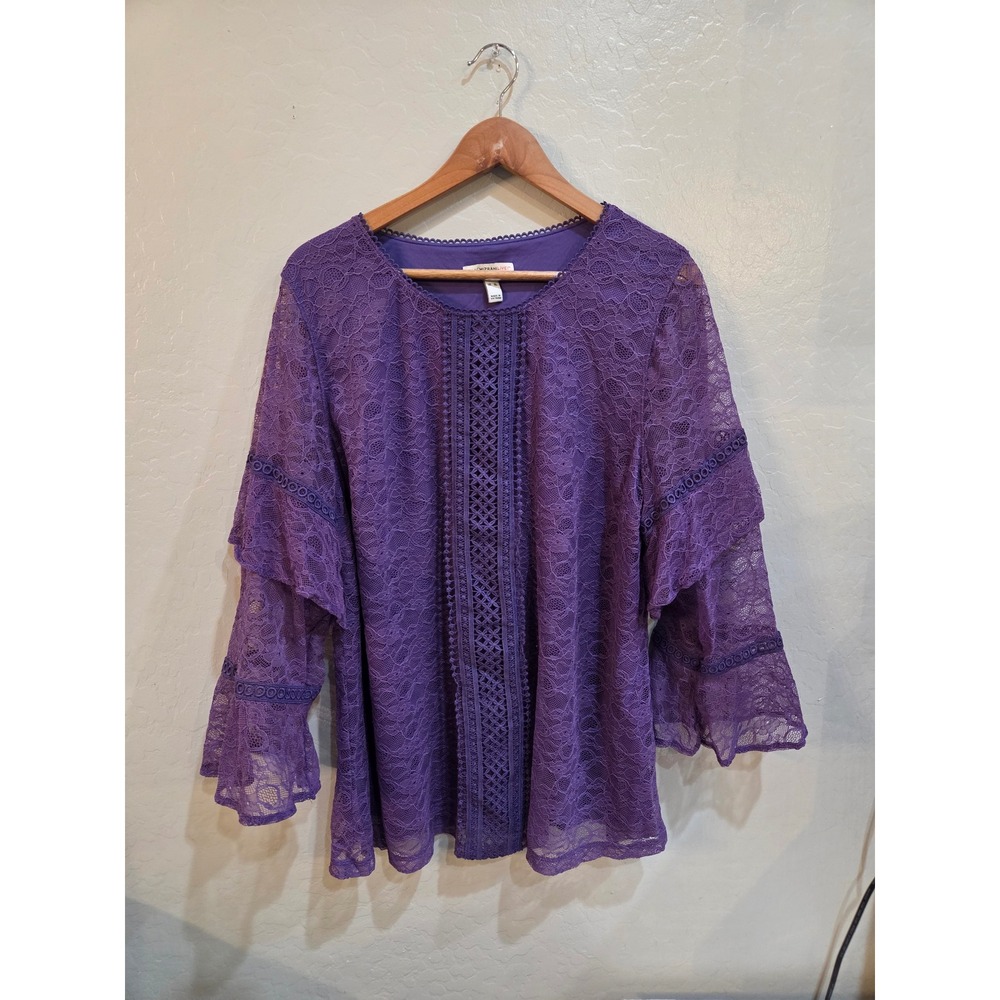 Isaac Mizrahi Live Purple Lace Tiered Bell Sleeve Top Blouse A343254 XL